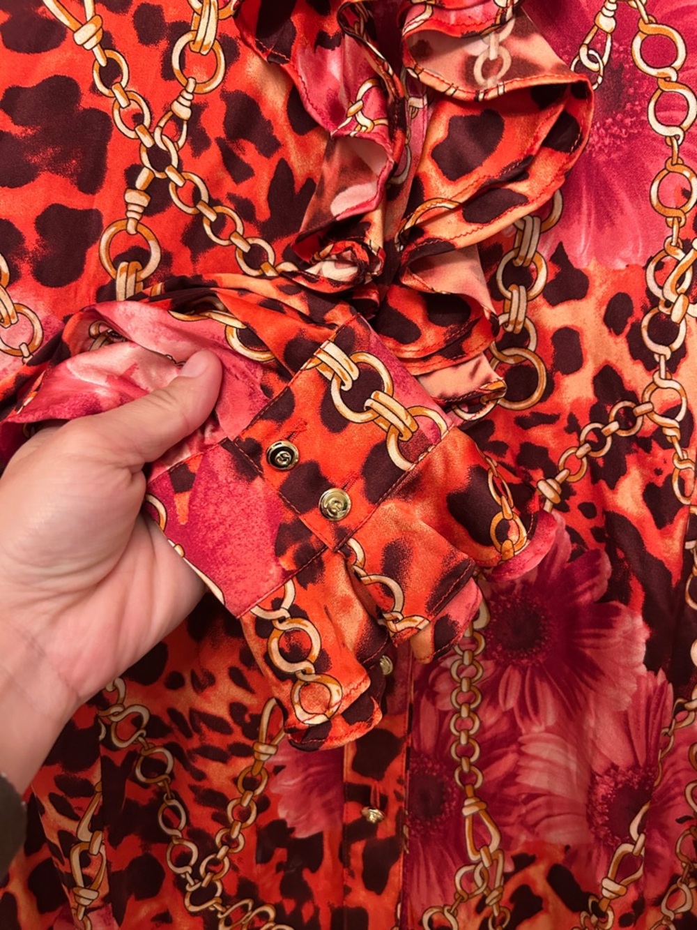 St. John Silk Blouse Size 10 Animal Print Chain Floral Ruffle Front StatementTop - Picture 3 of 7